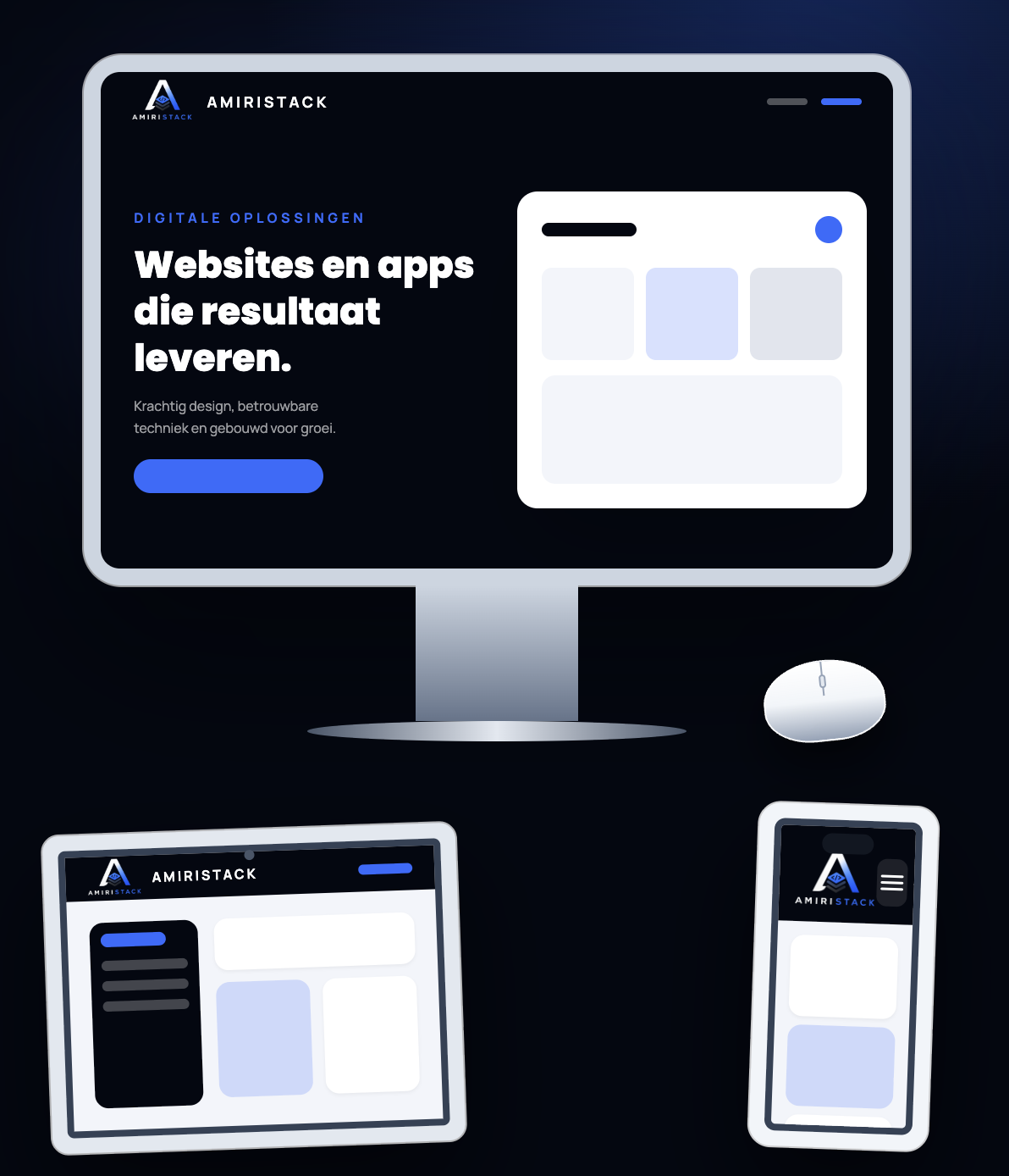Illustratie van AmiriStack-websites op een desktopcomputer, tablet en smartphone